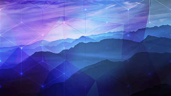 purple, peaceful, 2K, blue, hexagon, mountains, Photoshop, nature, HD wallpaper HD wallpaper