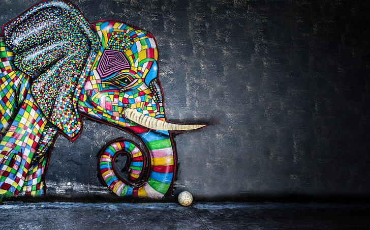 bola, karya seni, warna-warni, gajah, mosaik, Wallpaper HD