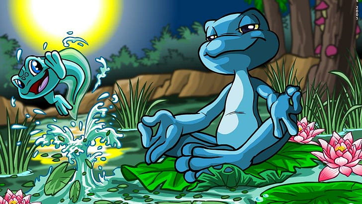 Funny Frogs, blue frog doing lotus form graphic art, abstract, funny animals, animals, nature, wildlife, frogs, HD wallpaper