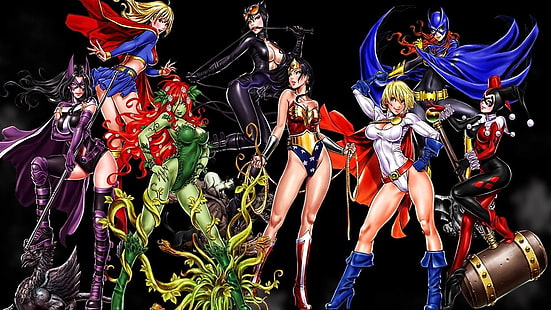 Komik, Kolase, Batgirl, Catwoman, Harley Quinn, Huntress (DC Comics), Poison Ivy, Power Girl, Supergirl, Wonder Woman, Wallpaper HD HD wallpaper