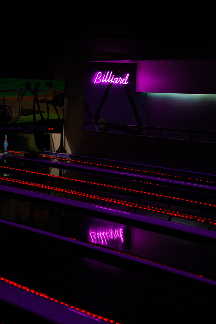 purple Billiard neon signage, billiards, inscription, neon, backlight, HD wallpaper