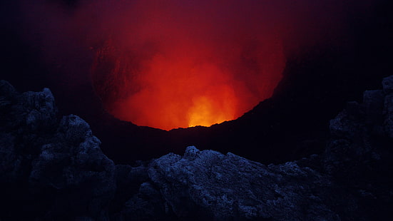 силует на планина, природа, пейзаж, вулкан, лава, скала, Никарагуа, дим, кратер, фотография, вулканично изригване, изригване, червено, тъмно, шум, HD тапет HD wallpaper