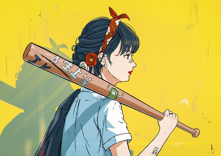 Anime Baseball Bat Yellow Background Anime Girls Bandage Hd Wallpaper Wallpaperbetter