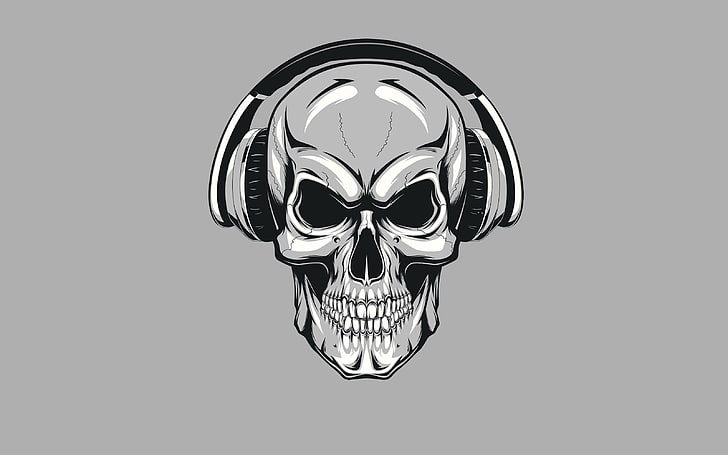 human skull wearing headphones digital wallpaper, skull, minimalism, headphones, skeleton, sake, HD wallpaper