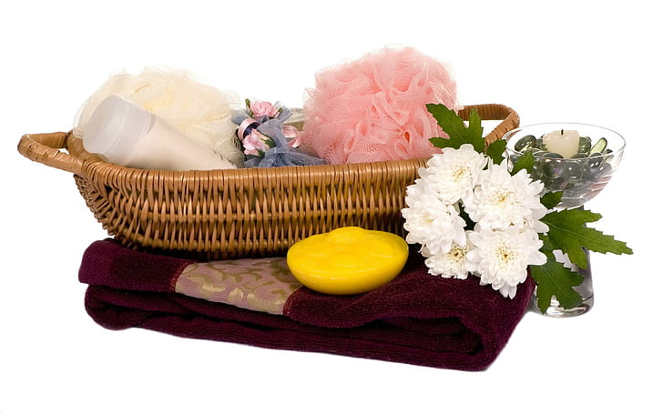 Lovely Basket, lovely, still life, spa elements, flowers, basket, 3d and abstract, HD wallpaper