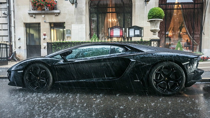 черный спорткар, суперкар, Lamborghini, Lamborghini Aventador, автомобиль, городской, дождь, HD обои