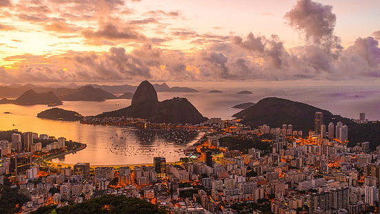 град, градски пейзаж, Рио де Жанейро, Бразилия, облаци, хълмове, море, залез, HD тапет HD wallpaper
