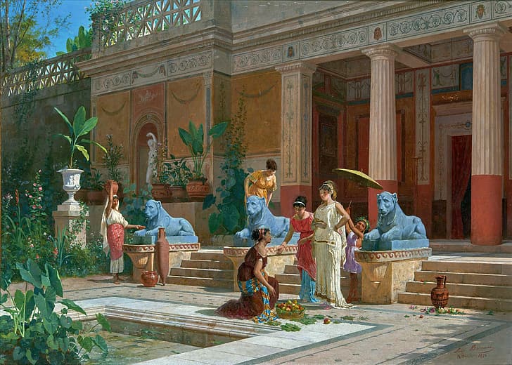 trabalho artístico, pintura, mulheres, Roma, Roma Antiga, jardim, estátua, palácio, HD papel de parede