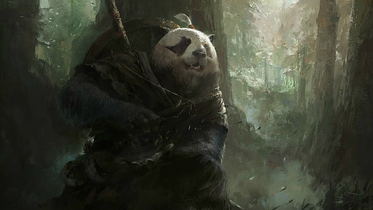 الباندا يرتدي خلفية البدلة ، Mazert Young ، فن الخيال ، الباندا ، السحر ، World of Warcraft: Mists of Pandaria ، World of Warcraft، خلفية HD