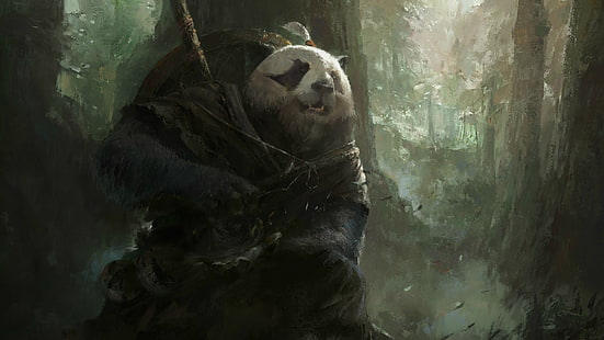 panda portant un costume de papier peint, Mazert Young, art fantastique, panda, magie, World of Warcraft: Brumes de Pandarie, World of Warcraft, Fond d'écran HD HD wallpaper