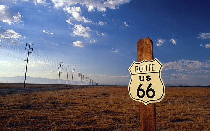 Rota 66 sinalização nos EUA, EUA, estrada, Rota 66, linhas de energia, campo, nuvens, poste, natureza, HD papel de parede