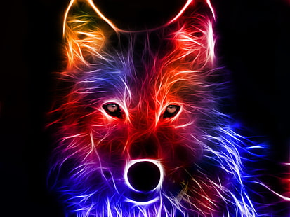 графика на жълт, червен и син вълк, животно, вълк, абстрактно, цветно, дигитално изкуство, фрактал, HD тапет HD wallpaper