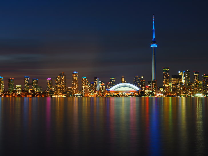 CN Tower, Торонто, небостъргачи, нощ, панорама, HD тапет