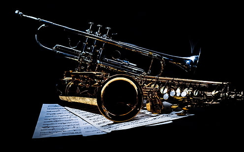 Saxofone e trompete, trompete de aço inoxidável;saxofone de bronze, saxofone, trompete, música, HD papel de parede HD wallpaper