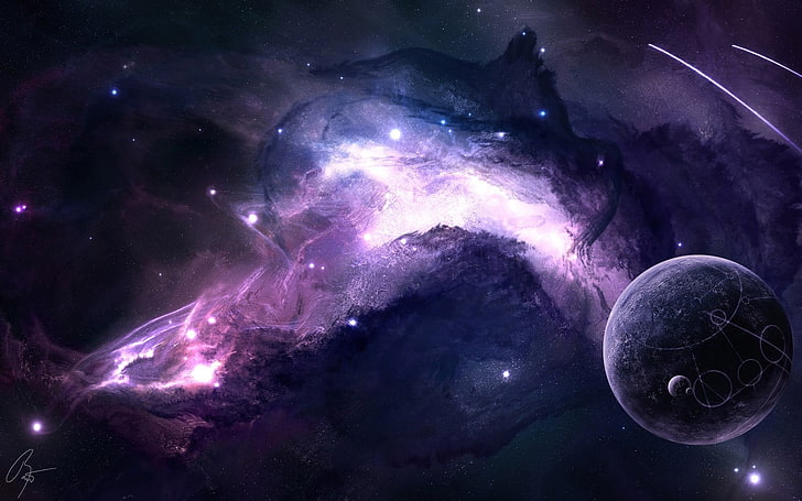 фиолетовые обои галактики, космос, планета, туманность, научная фантастика, JoeyJazz, падающие звезды, цифровое искусство, фэнтези-арт, космическое искусство, вселенная, HD обои