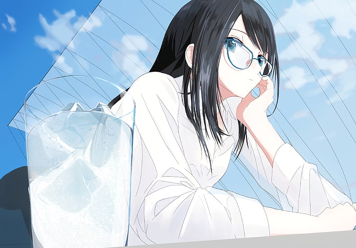 anime, anime girls, cabelos longos, cabelos pretos, olhos azuis, óculos, céu, nuvens, HD papel de parede