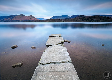 gray stone dock on body of water, Isthmus Bay, Jetty, gray, stone, dock, body of water, Evening, Concrete, Ruined, Old, Weathered, Crumbling, Calm, Lake, Reflection, Clear, Rocks, Pebbles, Mountains, Derwent Water, Keswick  Cumbria, England, Spring, March, Peaceful, Quiet, View, Landscape, Outdoor, M1, Little, Stopper, OLYMPUS, M.7, F2.8, James, Whitesmith, nature, mountain, water, outdoors, sky, scenics, blue, travel, summer, HD wallpaper HD wallpaper