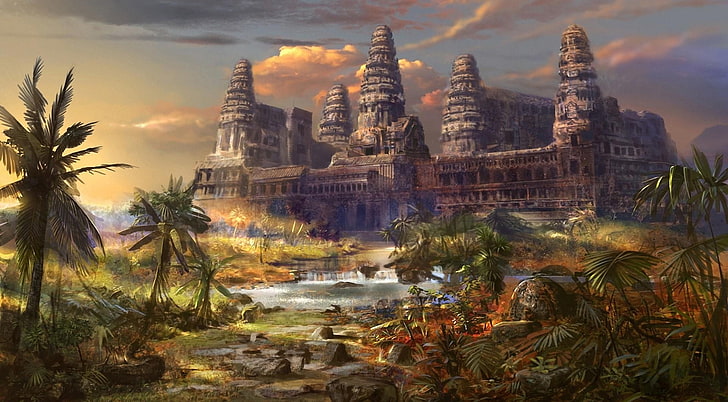 illustration de bâtiment en béton brun, temple, destruction, paumes, monde différent, Fond d'écran HD