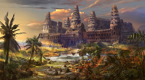 illustration de bâtiment en béton brun, temple, destruction, paumes, monde différent, Fond d'écran HD HD wallpaper