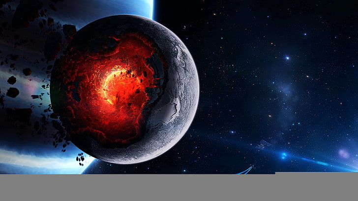 fondo de pantalla de planeta gris y rojo, espacio, cataclismo, planeta, arte, explosión, asteroides, cometas, fragmentos, Fondo de pantalla HD