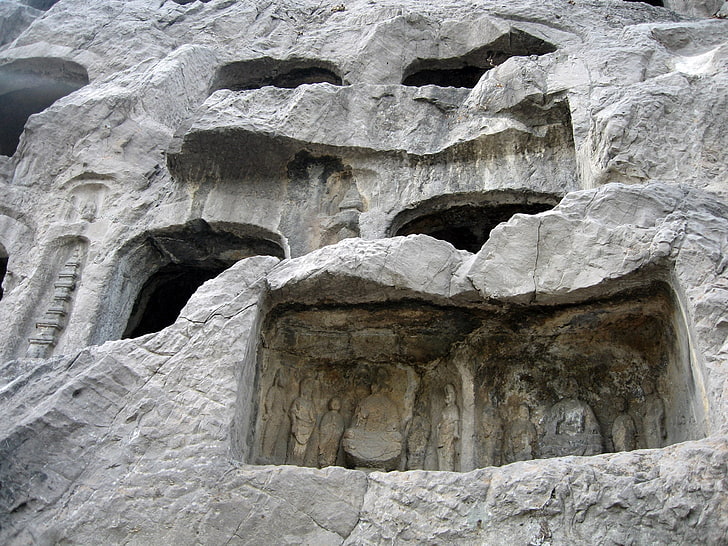 gray rock formation, longman grottoes, cave, space, design, history, HD wallpaper