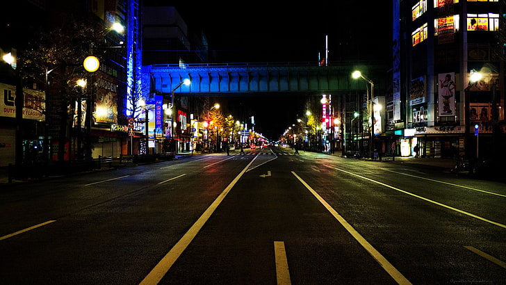 серая бетонная дорога, Азия, Токио, Япония, ночь, улица, город, Акихабара, урбан, HD обои