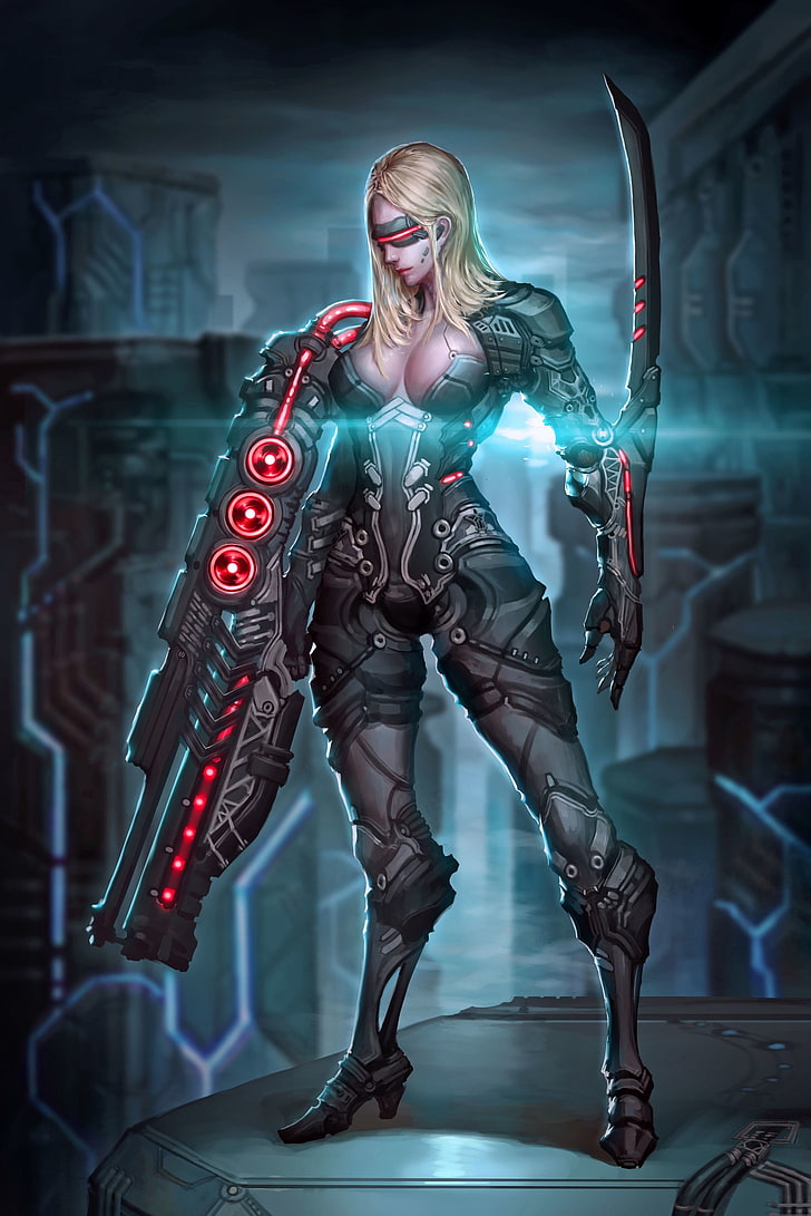 woman wearing armor illustration, warrior, sword, futuristic, big boobs, HD wallpaper