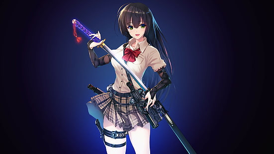 anime, gadis anime, karakter asli, rok, senjata, pedang, rambut panjang, mata hijau, Wallpaper HD HD wallpaper