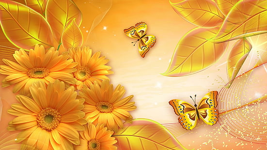 Ouro Oh So Gold, amarelo, polvilha, brilho, folhas, papillon, folhas, brilhante, fleurs, borboleta, flores, shasta, brilhos, HD papel de parede HD wallpaper