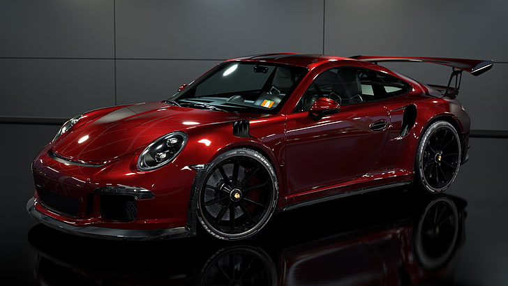 червено Porsche Carrera купе, кола, Porsche GT3, отражение, HD тапет