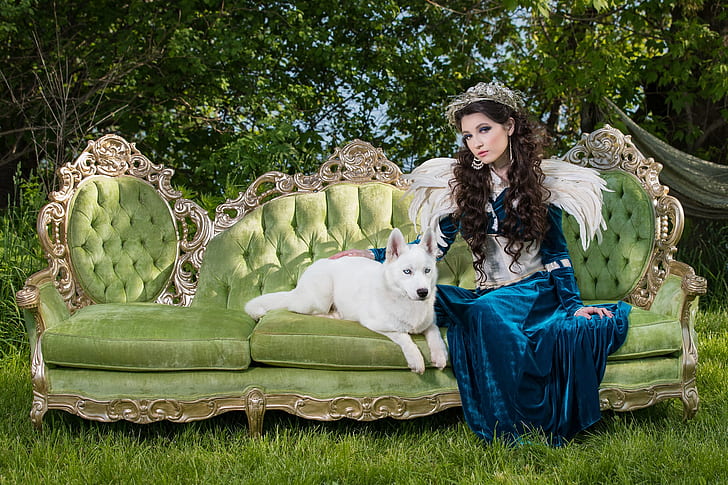 summer, grass, girl, nature, green, style, retro, sofa, wings, dog, feathers, dress, brunette, puppy, white, hat, sitting, blue, husky, curls, lady, Baroque, the lady with the dog, Rococo, HD wallpaper