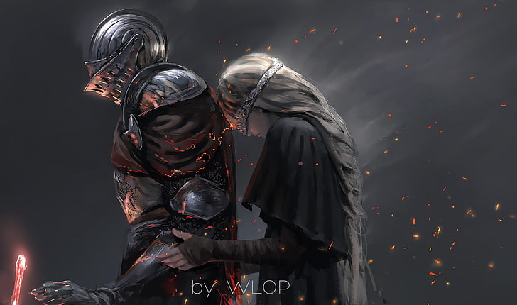 женщина, стоящая рядом с мужчиной, автор Wlop, WLOP, рыцарь, Dark Souls, Dark Souls III, хранитель огня, HD обои
