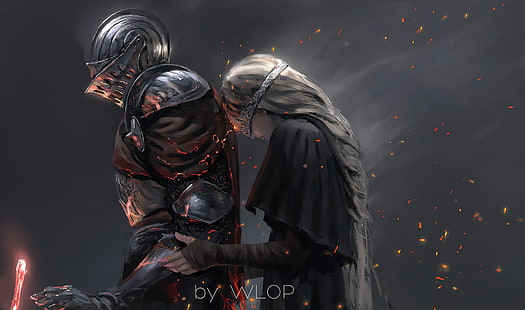 donna in piedi accanto all'uomo di Wlop artwork, WLOP, cavaliere, Dark Souls, Dark Souls III, vigile del fuoco, Sfondo HD HD wallpaper