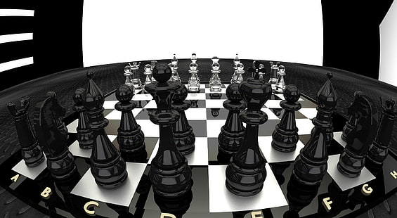 Шахматна игра, игри, шах, игра, крал, кралица, визуализация, шахматна дъска, топове, епископи, рицари, пешки, HD тапет HD wallpaper