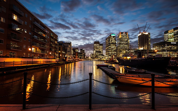 Foto de edificios y río, paisaje urbano, muelle canario, Londres, Fondo de pantalla HD