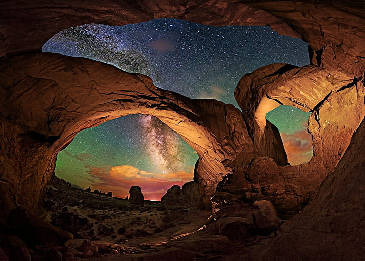 صخرة ، ليلة مرصعة بالنجوم ، حديقة الأقواس الوطنية ، يوتا ، تآكل ، صحراء ، درب التبانة ، طبيعة ، تعرض طويل ، منظر طبيعي، خلفية HD