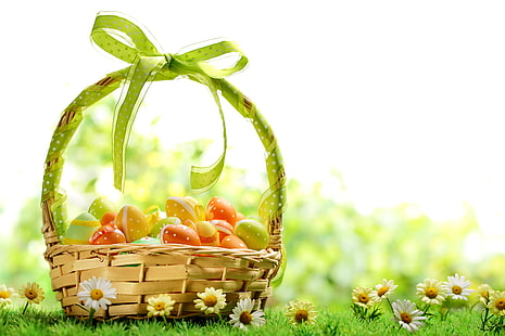 Wielkanoc, jajka, wiosna, kwiaty, kosz, Tapety HD HD wallpaper