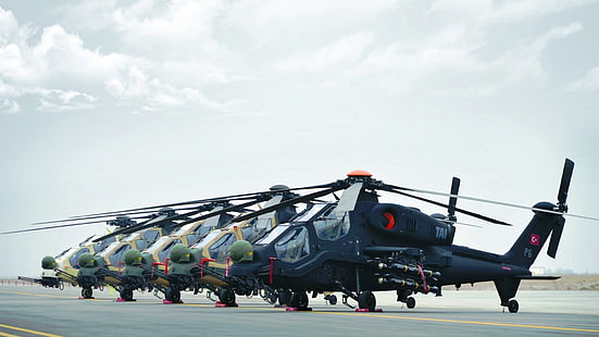 черный вертолет, много вертолетов, военные, война, TAI / AgustaWestland T129, самолеты, военные самолеты, ВВС Турции, Turkish Aerospace Industries, транспортное средство, HD обои HD wallpaper