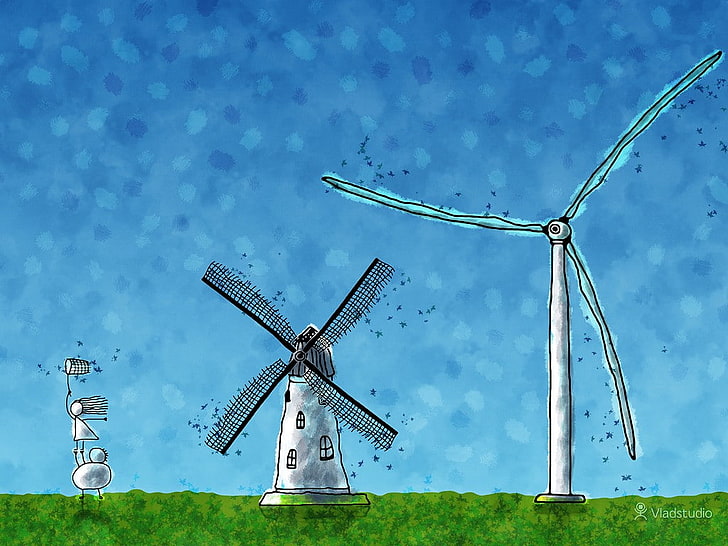 Vladstudio, windmill, artwork, turbines, wind turbine, HD wallpaper