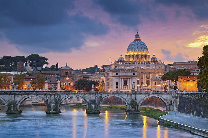 Rzym, Włochy, Watykan, katedra, kościół, rzeka, most, wieczór, światła, niebo, chmury, budynek, stary budynek, drzewa, miasto, miejski, pejzaż miejski, Tapety HD