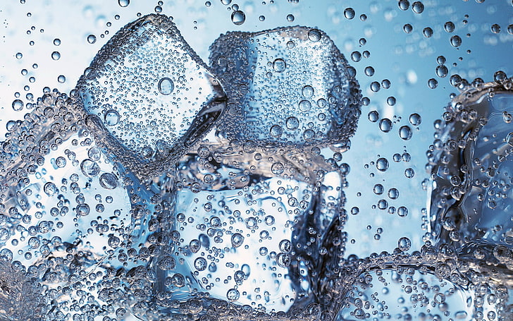 ice cubes digital wallpaper, ice, water, macro, bubbles, soda, HD wallpaper
