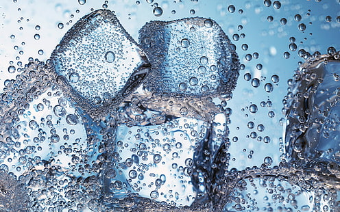 кубики льда цифровые обои, лед, вода, макро, пузыри, сода, HD обои HD wallpaper