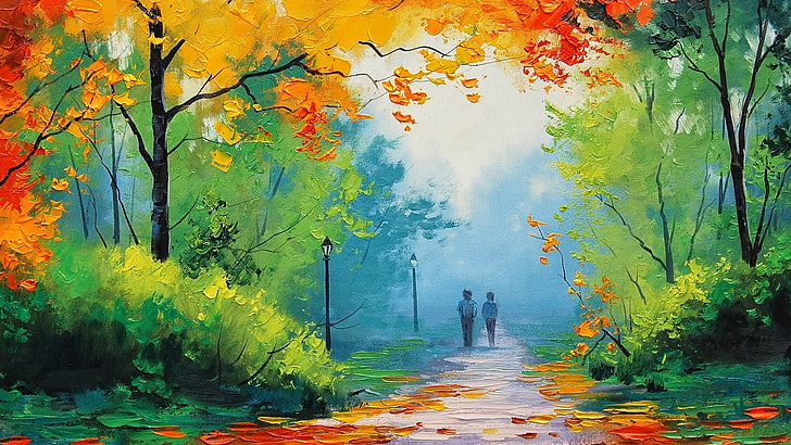 dua orang berjalan dekat jalan antara melukis pohon, Graham Gercken, melukis, jatuh, pohon, taman, lampu jalan, jalan setapak, Wallpaper HD