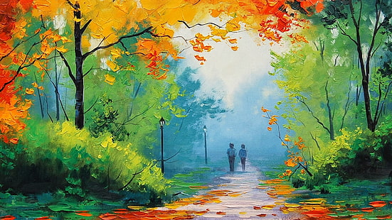 two people walking near road between trees painting, Graham Gercken, painting, fall, trees, park, street light, path, HD wallpaper HD wallpaper