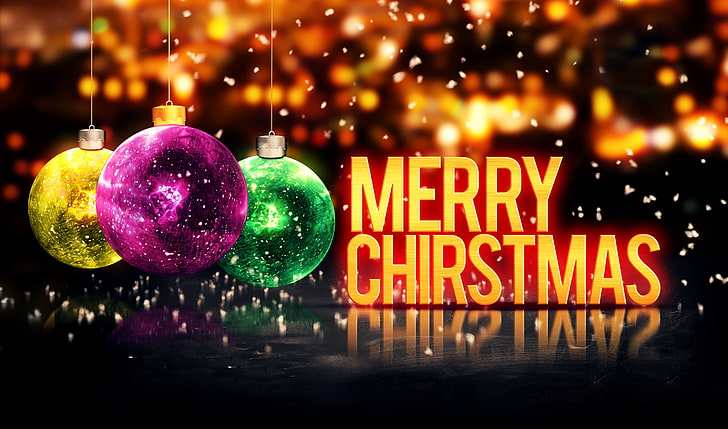 purple, green, and yellow Christmas baubles with text overlay, New Year, Christmas, balls, Happy, Merry, HD wallpaper