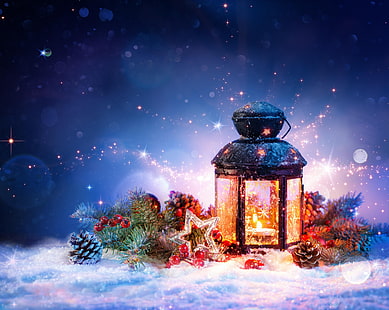 black and red candle lantern illustration, snow, decoration, Christmas, lantern, New year, tinsel, bumps, HD wallpaper HD wallpaper