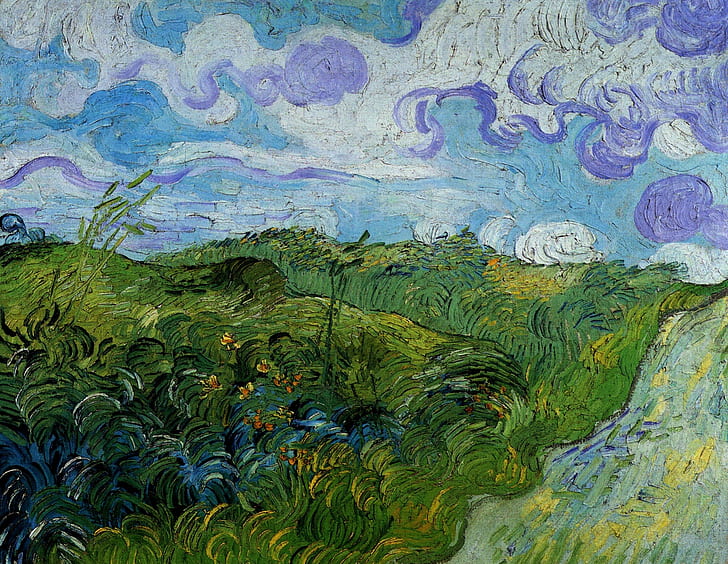 yol, bulutlar, yeşil, Vincent van Gogh, buğday alanları, HD masaüstü duvar kağıdı