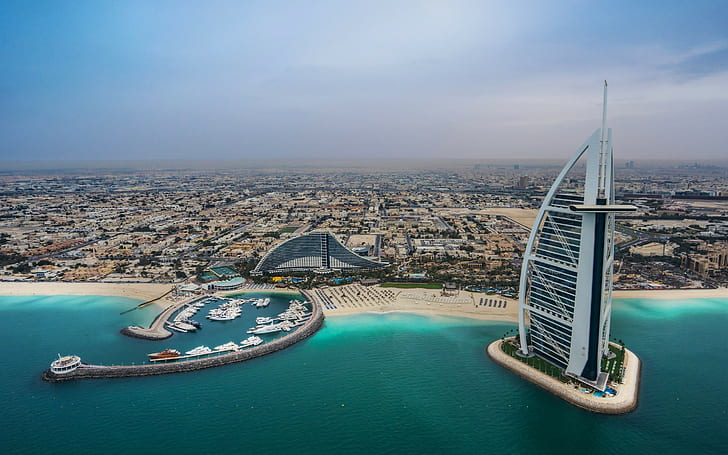 Персидский залив, Дубай, Бурдж аль-Араб, пляж, панорама, залив, HD, Дубай, Jumeirah Beach Hotel, побережье, Персидский залив, море, ОАЭ, здания, здания, Burj Al Arab, отели, HD обои
