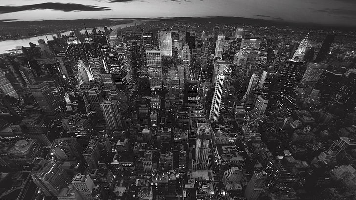 gratte-ciel, gratte-ciel dans la photographie en niveaux de gris, ville de new york, paysage urbain, ville, usa, monochrome, Fond d'écran HD