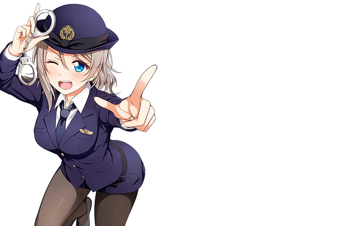аниме момиче, полицейска униформа, намигване, окови, аниме, HD тапет